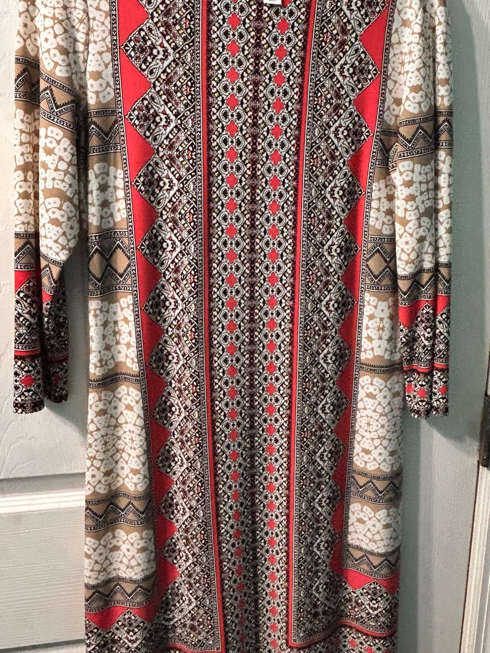 London Style Red and Cream Long Sleeve Printed Maxi Dress
